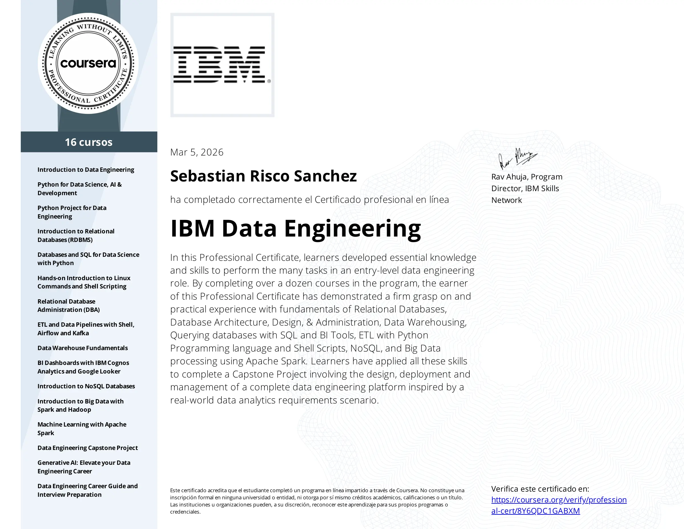 IBM Data Engineering Professional — 16 cursos