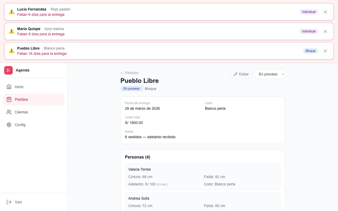 Modista App — Pedido en bloque Pueblo Libre con 4 personas